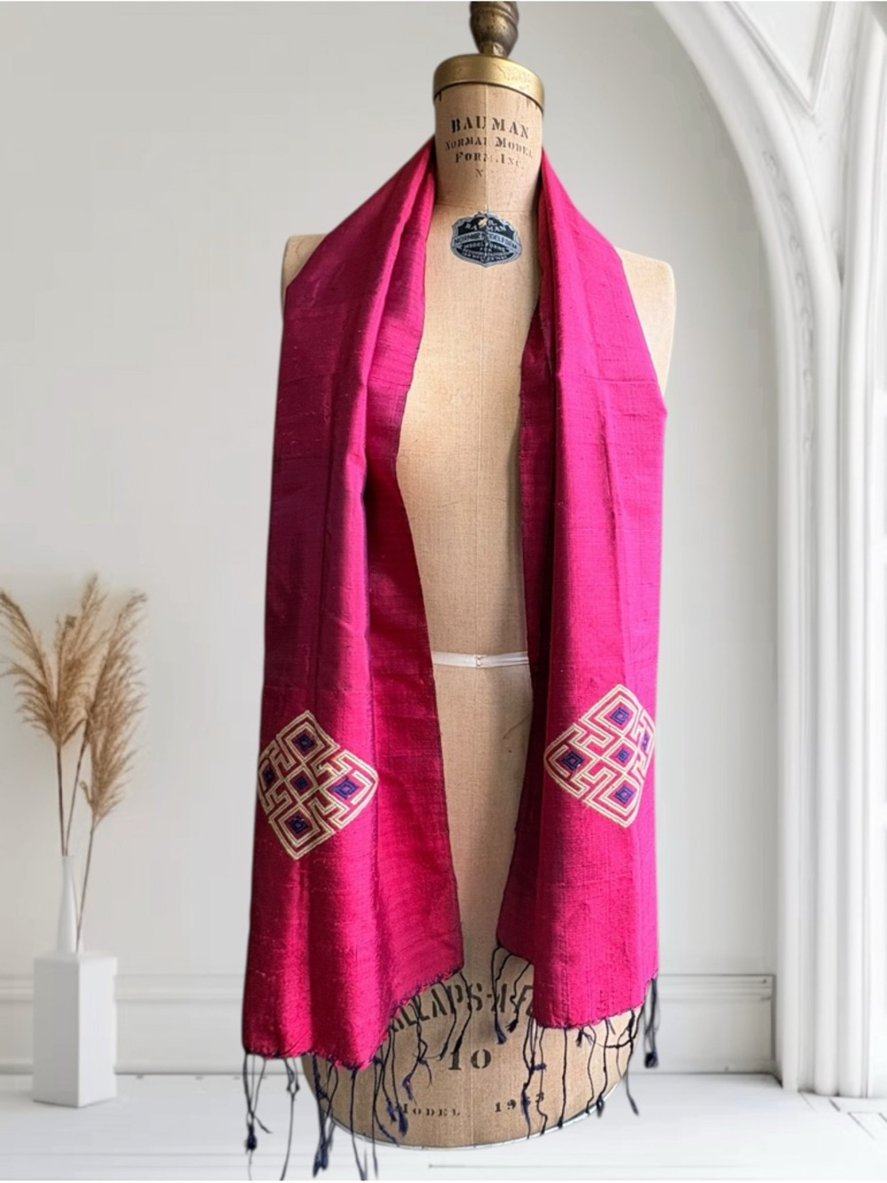 Vintage Indian Silk Scarf Hand Embroidered Magenta Tassel Fringe 60”
